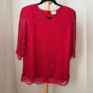 Vintage Beaded Red Silk Blouse Women’s Size Large Red Lined Top Party Cocktails